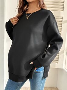 SHEIN Sweatshirt Kasual Serbaguna untuk Ibu Hamil, Warna Polos, dengan Belahan Samping, untuk Musim Dingin - Hitam - View 7