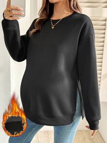 SHEIN Sweatshirt Kasual Serbaguna untuk Ibu Hamil, Warna Polos, dengan Belahan Samping, untuk Musim Dingin - Hitam - View 1
