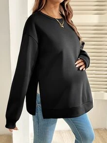 SHEIN Sweatshirt Kasual Serbaguna untuk Ibu Hamil, Warna Polos, dengan Belahan Samping, untuk Musim Dingin - Hitam - View 6