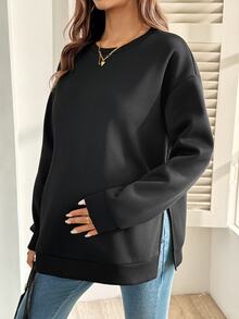 SHEIN Sweatshirt Kasual Serbaguna untuk Ibu Hamil, Warna Polos, dengan Belahan Samping, untuk Musim Dingin - Hitam - View 4