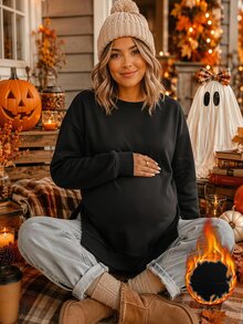 SHEIN Sweatshirt Kasual Serbaguna untuk Ibu Hamil, Warna Polos, dengan Belahan Samping, untuk Musim Dingin - Hitam - View 2