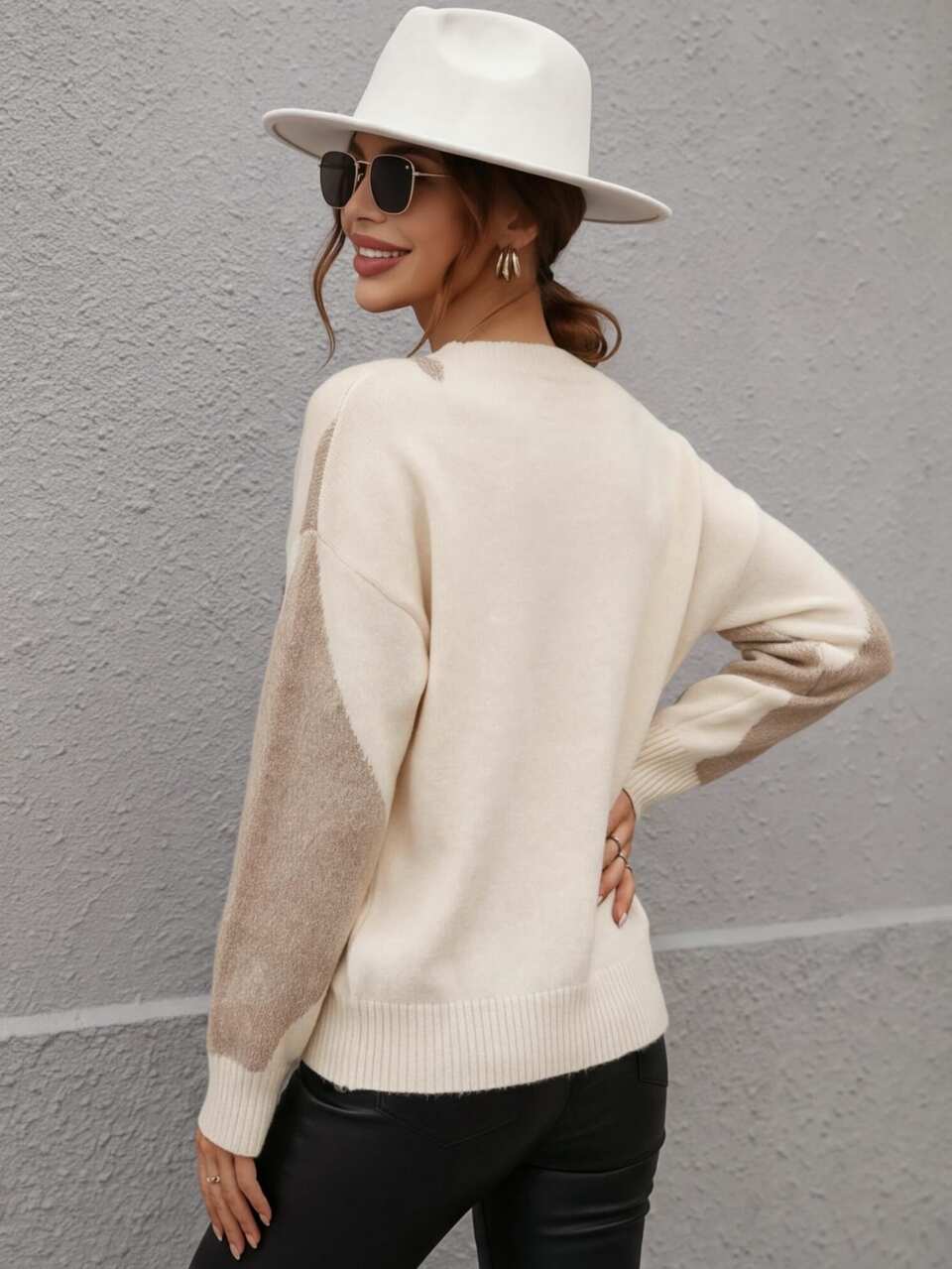 Anewsta Women's Maillard Coffee White Argyle Round Neck Sweater, Soft Mohair With Gold Sequin Diamond Pattern, Loose Lazy Long Sleeve Vintage Vibe Autumn/Winter Knit Pullover