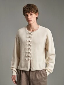 Calmiston Men's Solid Color Drop Shoulder Long Sleeve Frog Button Design Knit Cardigan Formal Old Money - White - View 4