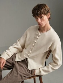 Calmiston Men's Solid Color Drop Shoulder Long Sleeve Frog Button Design Knit Cardigan Formal Old Money - White - View 10