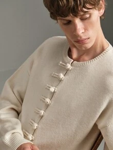 Calmiston Men's Solid Color Drop Shoulder Long Sleeve Frog Button Design Knit Cardigan Formal Old Money - White - View 12