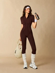 VARSIVA Women Sports Activewear Solid Color Short Sleeve Slim Fit Athletic Jumpsuit - Coffee Brown - View 5