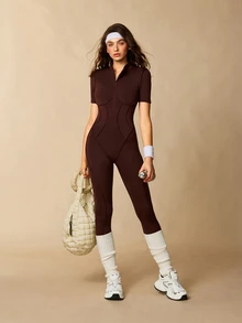 VARSIVA Women Sports Activewear Solid Color Short Sleeve Slim Fit Athletic Jumpsuit - Coffee Brown - View 9