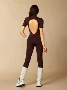 VARSIVA Women Sports Activewear Solid Color Short Sleeve Slim Fit Athletic Jumpsuit - Coffee Brown - View 4