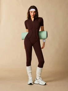 VARSIVA Women Sports Activewear Solid Color Short Sleeve Slim Fit Athletic Jumpsuit - Coffee Brown - View 11