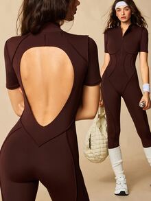 VARSIVA Women Sports Activewear Solid Color Short Sleeve Slim Fit Athletic Jumpsuit - Coffee Brown - View 3