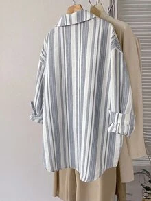 SHEIN LUNE Plus Size Minimalist Striped Single-Breasted Casual Shirt - Multicolor - View 2