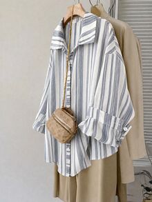SHEIN LUNE Plus Size Minimalist Striped Single-Breasted Casual Shirt - Multicolor - View 1