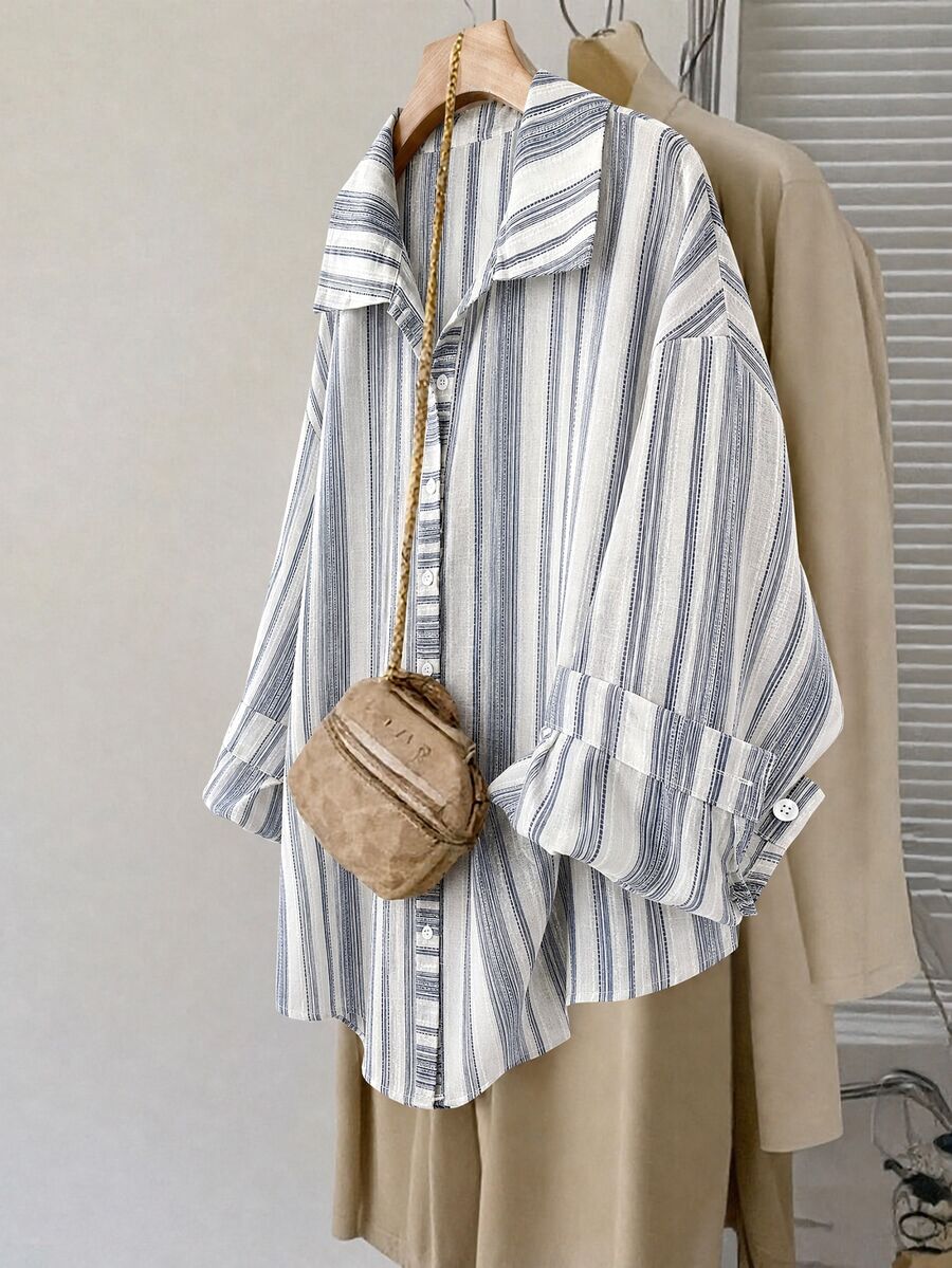 SHEIN LUNE Plus Size Minimalist Striped Single-Breasted Casual Shirt - Multicolor - View 1