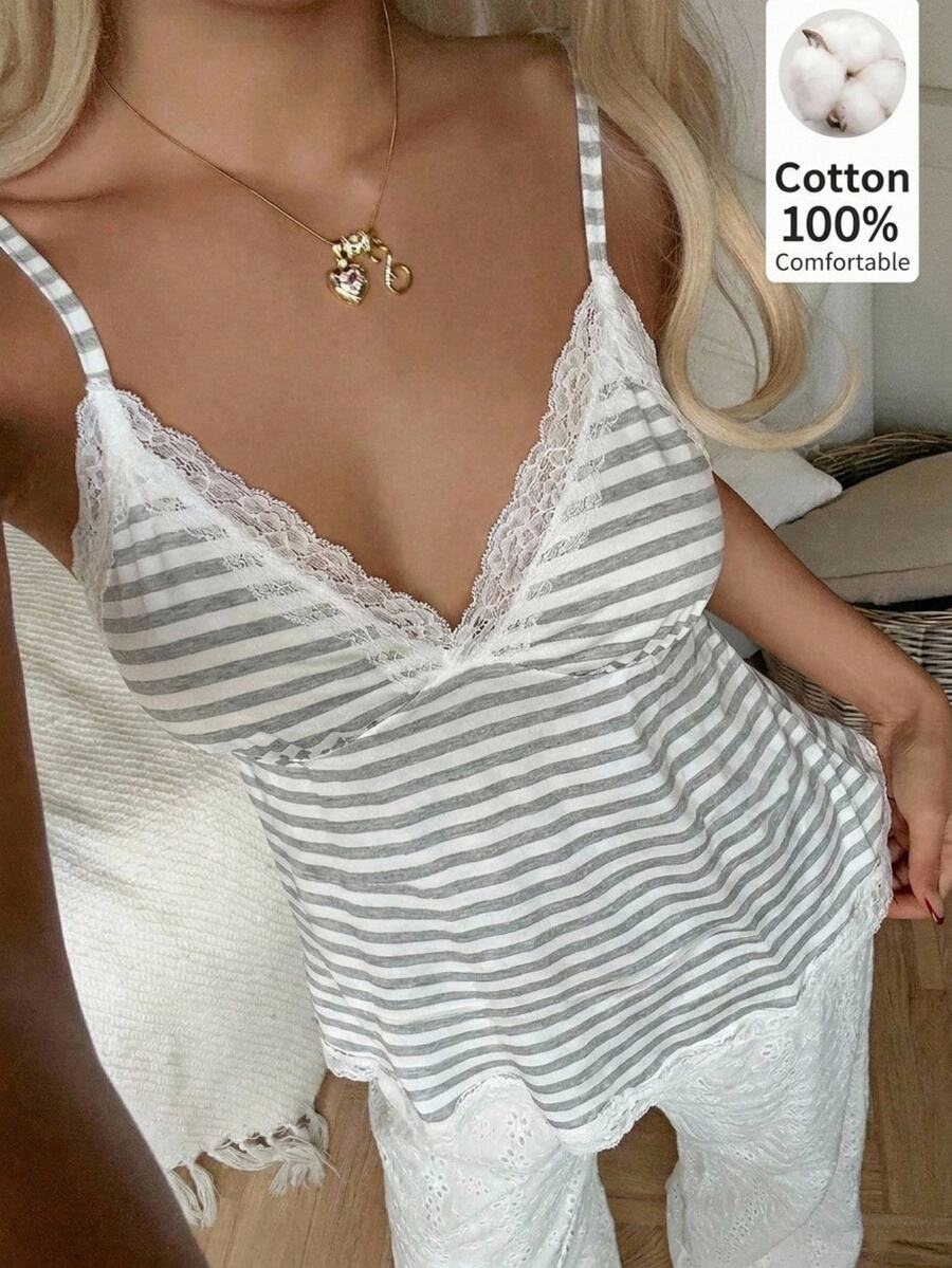 CovetEZ 女款對比蕾絲條紋休閒法式浪漫吊帶背心，日常睡眠穿著，藍白條紋，夏季款 - 灰色 - 查看 1