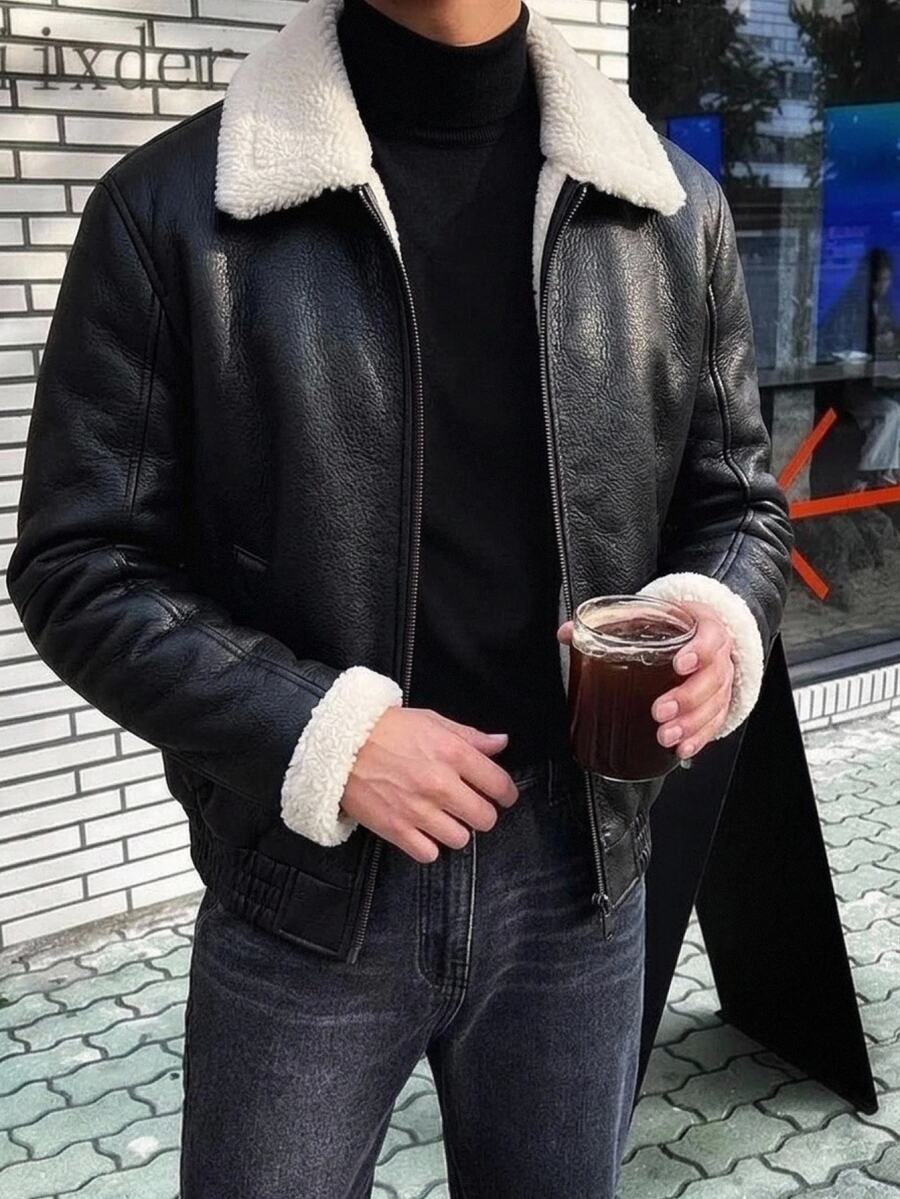 HIMLAND Men's Plush Patchwork Zipper Fashion Versatile Daily Long Sleeve Jacket - Black - View 1