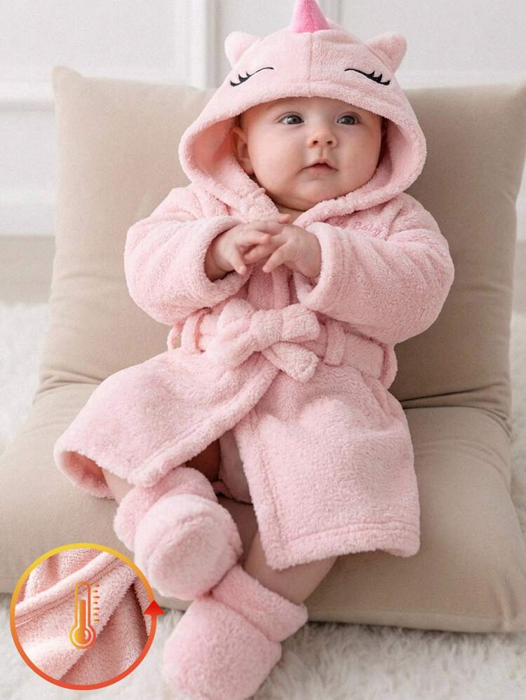 Souflis Souflis Autumn/Winter Plush Newborn Baby Girl Long Sleeve Sleepwear, Unicorn 3D Horn Design, English Embroidery, Hot-Selling Style, Pink Dreamy Pajamas Homewear - Pink - View 5