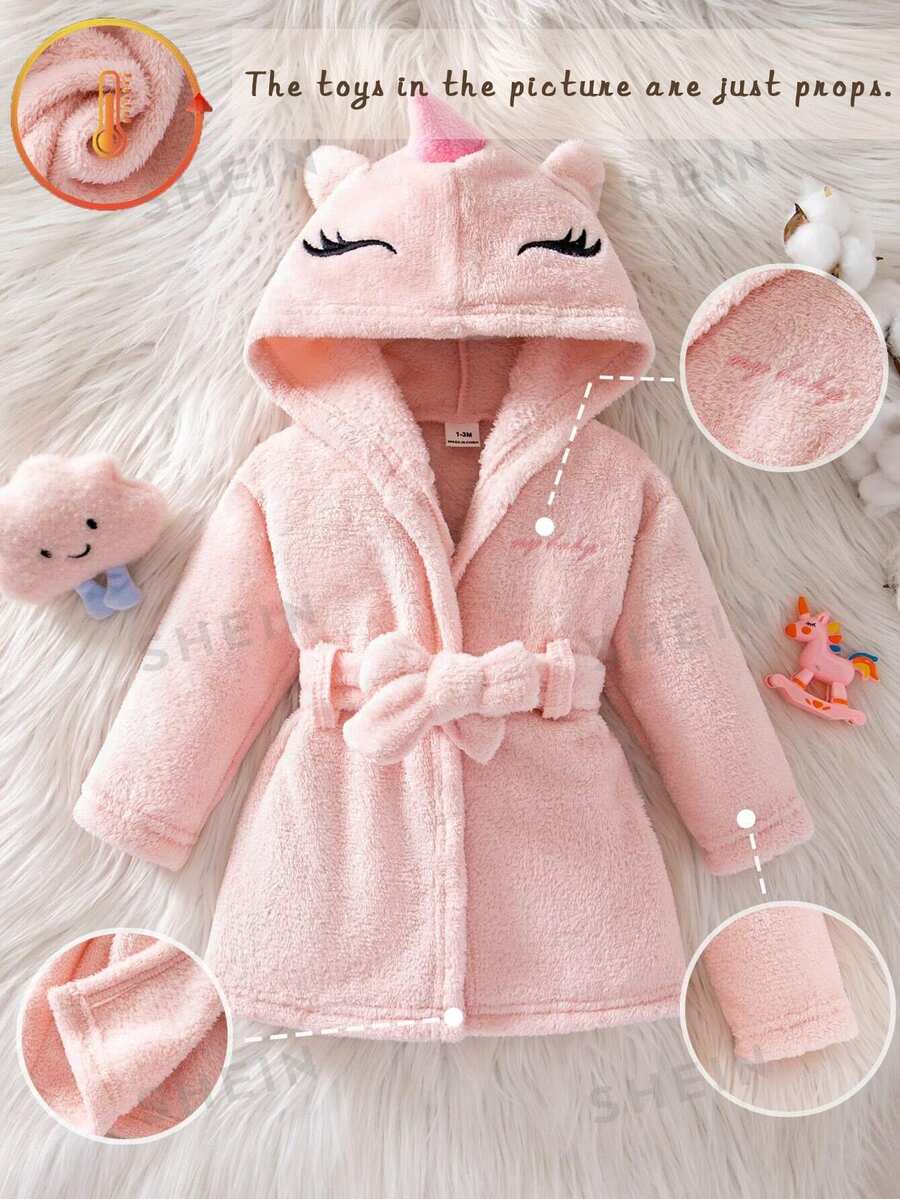 SHEIN 秋冬款新生女嬰長袖毛絨睡衣,獨角獸3D角設計,英文刺繡,熱銷款粉色夢幻居家睡衣 - 粉色 - 查看 1