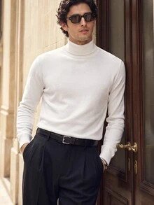Suiteron Men's Pure White High Neck Wool Knit Sweater, Slim Fit Soft Solid Color Base Layer, Formal Old Money White Turtle Neck Men - White - View 2