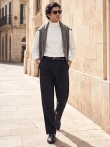 Suiteron Men's Pure White High Neck Wool Knit Sweater, Slim Fit Soft Solid Color Base Layer, Formal Old Money White Turtle Neck Men - White - View 6