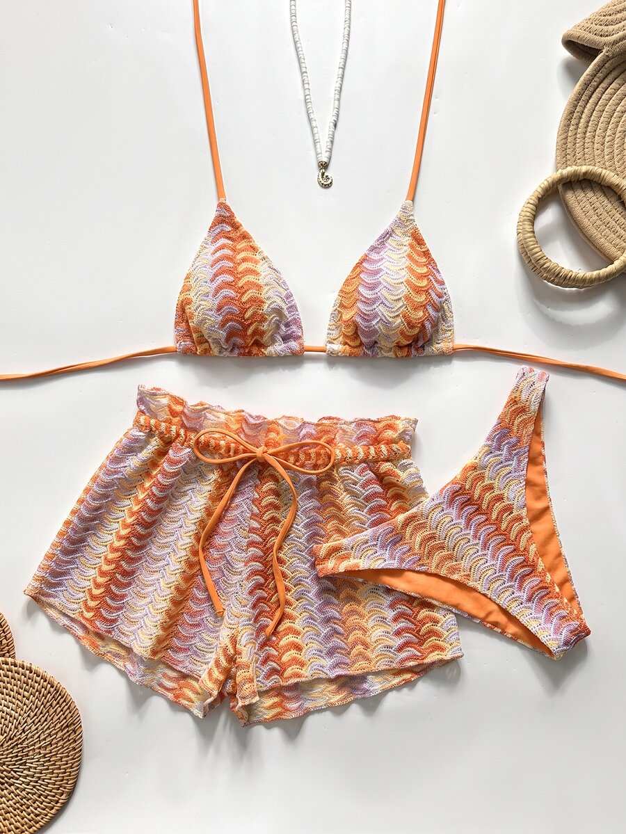 SHEIN Swim 女款波浪提花掛脖綁帶背心上衣與三角比基尼短褲泳裝套裝 - 彩色 - 查看 1