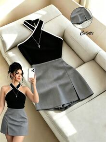 SHEIN Clasi French Fashion Casual Sexy Summer Elegant Commuter Colorblock Halter Neck Black Gray 2 In 1 Skort Set Night - Black - View 2