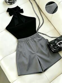 SHEIN Clasi French Fashion Casual Sexy Summer Elegant Commuter Colorblock Halter Neck Black Gray 2 In 1 Skort Set Night - Black - View 3