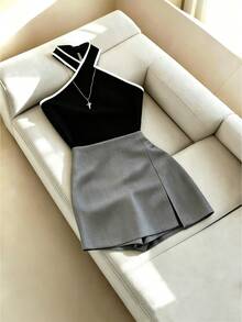 SHEIN Clasi French Fashion Casual Sexy Summer Elegant Commuter Colorblock Halter Neck Black Gray 2 In 1 Skort Set Night - Black - View 4