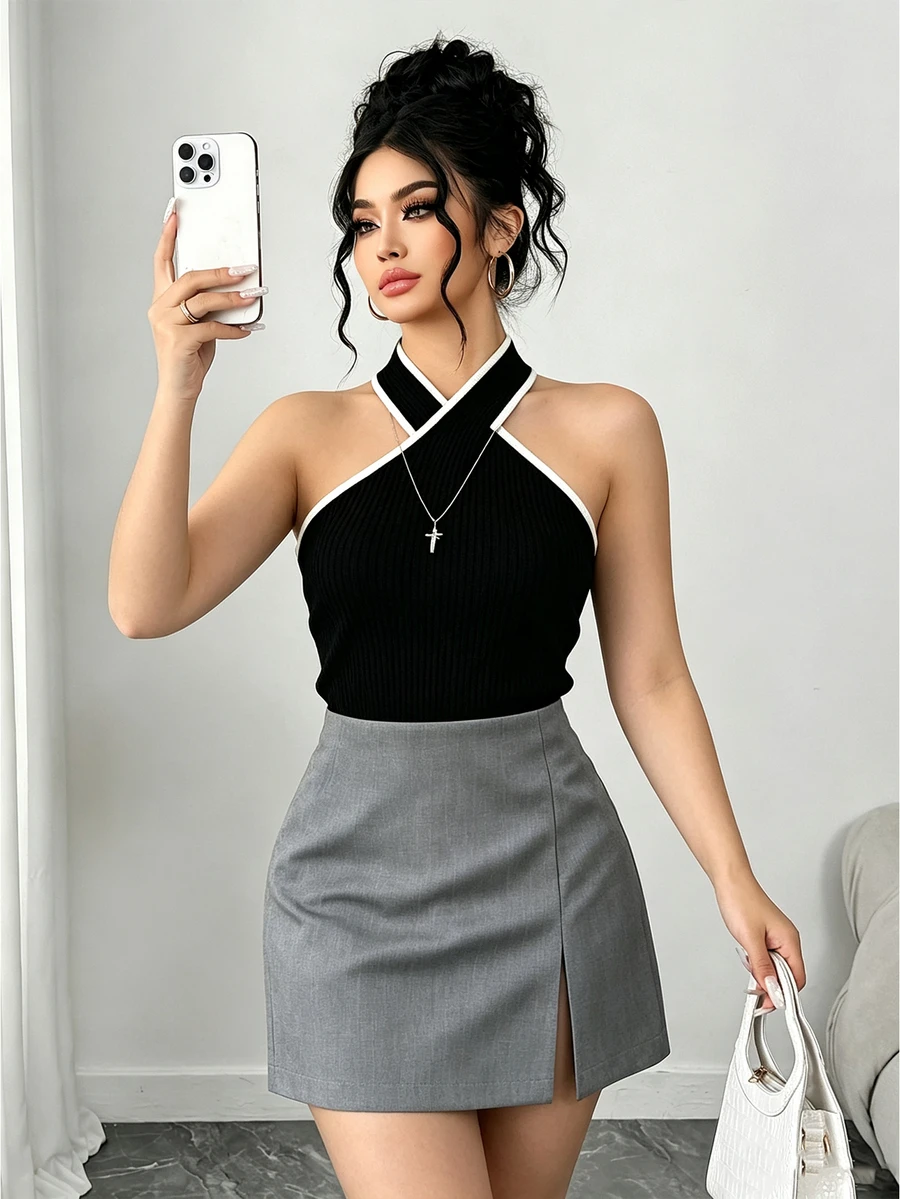 SHEIN Clasi French Fashion Casual Sexy Summer Elegant Commuter Colorblock Halter Neck Black Gray 2 In 1 Skort Set Night - Black - View 1