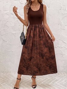 SHEIN Clasi Women's Floral Print Sleeveless Midi Dress For Vacation - Coffee Brown - View 3