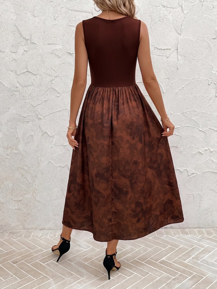 SHEIN Clasi Women's Floral Print Sleeveless Midi Dress For Vacation - Coffee Brown - View 2