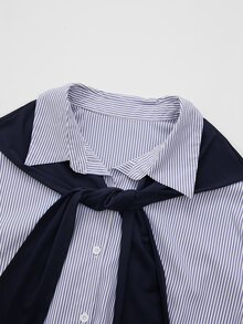 Rometta 大尺碼女款春夏/秋冬時尚青春顯瘦藍白條紋休閒襯衫搭配深藍色披肩設計 + A字裙 2件套，適合日常通勤，休閒風 - 彩色 - 查看 6