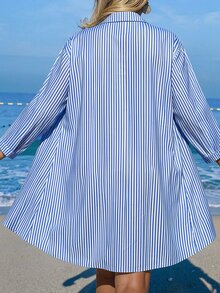 SHEIN Swim 女士白色椰子树纽扣休闲度假沙滩和服罩衫 - 藍白色 - 查看 2