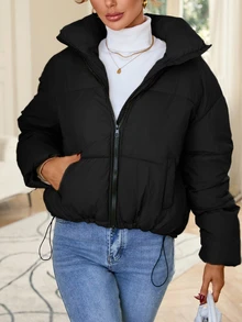 Ciel Poise Winter Clothes Casual Solid Color Hooded Padded Padded Coat  - Black - View 6