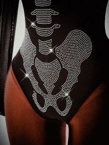 SHEIN ICON 女款骷髏印花水鑽連身衣，性感哥德風黑色一件式萬聖節裝扮 - 黑色 - 查看 8