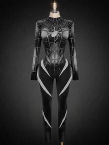 SHEIN ICON Halloween Long-Sleeve Reflective High-Stretch Spider Web Print Unitard Jumpsuit Rave Night Out Black And White Autumn Bandage Techno - Black - View 1