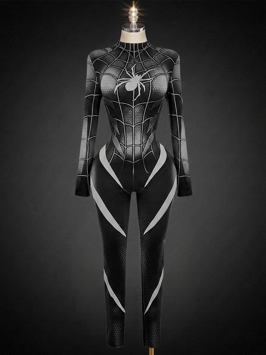 SHEIN ICON Halloween Long-Sleeve Reflective High-Stretch Spider Web Print Unitard Jumpsuit Rave Night Out Black And White Autumn Bandage Techno - Black - View 1