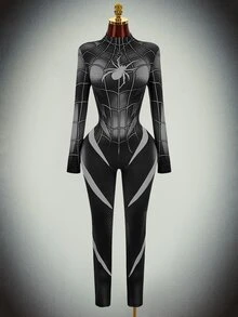 SHEIN ICON Halloween Long-Sleeve Reflective High-Stretch Spider Web Print Unitard Jumpsuit Rave Night Out Black And White Autumn Bandage Techno - Black - View 3