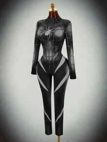 SHEIN ICON Halloween Long-Sleeve Reflective High-Stretch Spider Web Print Unitard Jumpsuit Rave Night Out Black And White Autumn Bandage Techno - Black - View 8
