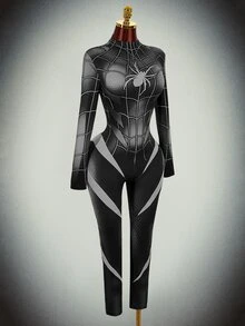 SHEIN ICON Halloween Long-Sleeve Reflective High-Stretch Spider Web Print Unitard Jumpsuit Rave Night Out Black And White Autumn Bandage Techno - Black - View 7