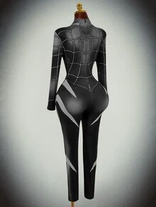 SHEIN ICON Halloween Long-Sleeve Reflective High-Stretch Spider Web Print Unitard Jumpsuit Rave Night Out Black And White Autumn Bandage Techno - Black - View 2