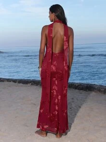 Opulessa Women's Jacquard Deep V-Neck Fitted Sexy Halter Neck Dress - Red - View 7