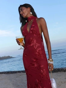 Opulessa Women's Jacquard Deep V-Neck Fitted Sexy Halter Neck Dress - Red - View 4