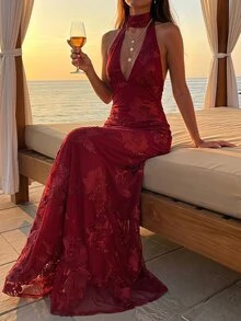 Opulessa Women's Jacquard Deep V-Neck Fitted Sexy Halter Neck Dress - Red - View 1
