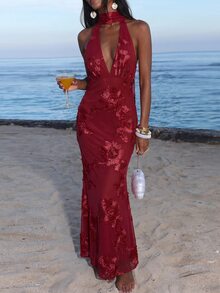 Opulessa Women's Jacquard Deep V-Neck Fitted Sexy Halter Neck Dress - Red - View 3