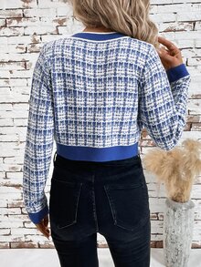 SHEIN Clasi 1件女款配色飾邊修身短版開襟衫，格紋圖案，秋冬優雅款 - 藍色 - 查看 2