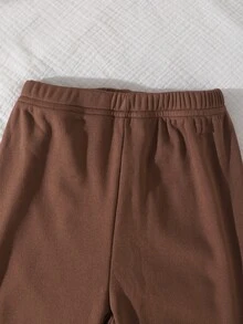 SHEIN 2件組女孩（4-7歲）甜美可愛棕色愛心毛絨衛衣 + 保暖抓毛內裡彈性純色長褲，休閒毛茸茸套裝，秋冬新品，適合日常上學與戶外穿著 - 棕色 - 查看 11