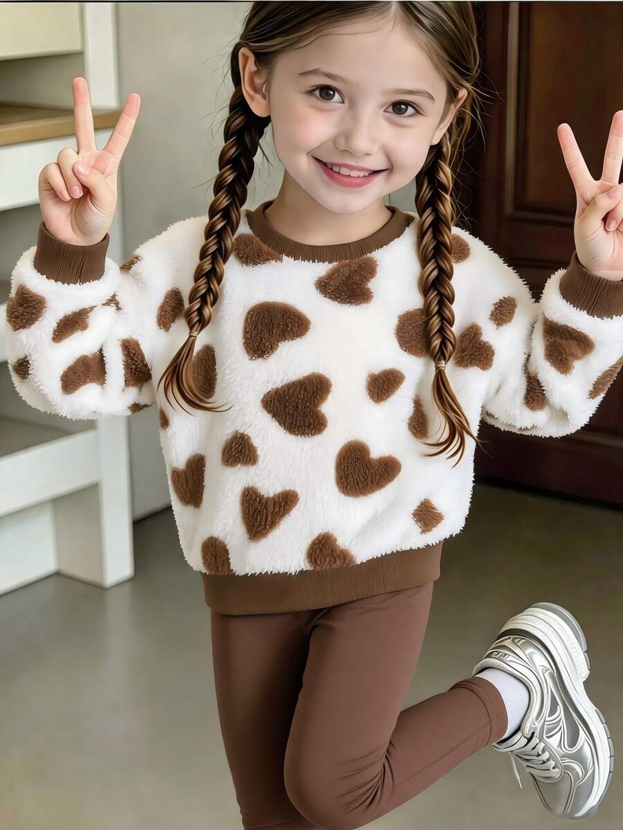 SHEIN 2Pcs Toddler Girls 4-7Y Chic Love Heart Pattern Long Sleeve Fluffy Fleece Pullover & Leggings Set For Back To School Holiday Party Fall Outfits Winter - Brown - View 1