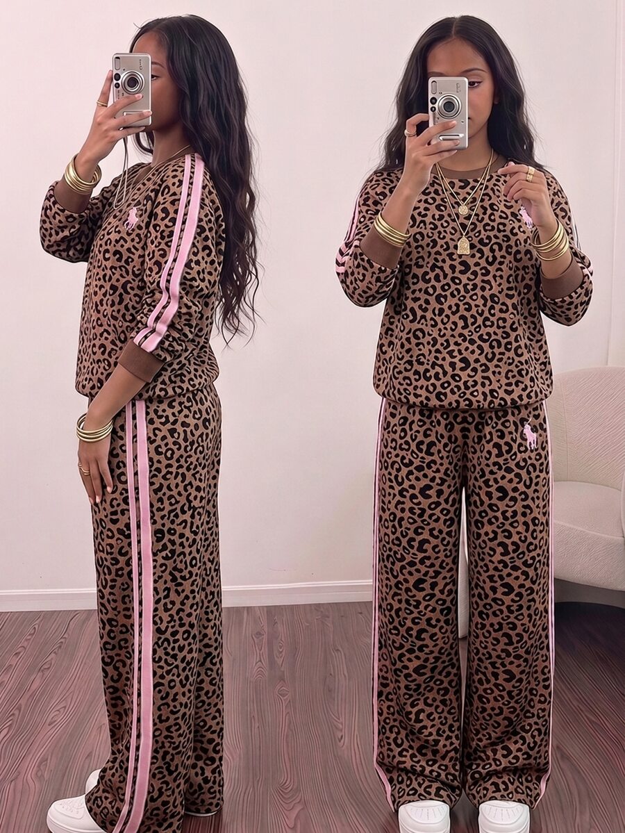 SHEIN 青少年女孩V領字母印花連帽衛衣與工裝褲休閒兩件套 - 棕色 - 查看 1