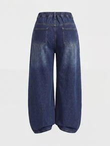 SHEIN Tall CURVE 大尺碼女款口袋寬腿寬鬆休閒牛仔褲 - 深色水洗藍 - 查看 2