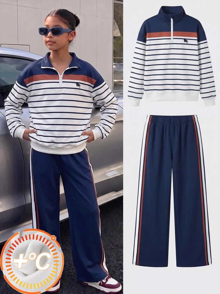 Set Sweatshirt Gaya Vintage Amerika untuk Remaja Perempuan, Manis & Keren, Serbaguna, Atasan Kerah Tegak Setengah Resleting Bergaris Biru & Putih, Celana Panjang Lebar Warna Senada, Lapisan Bulu, Tebal, Lembut, Desain Warna Kontras, Energik & Menarik Perhatian, Cocok untuk Sekolah, Olahraga, dan Aktivitas Sehari-hari - MultiWarna - View 1